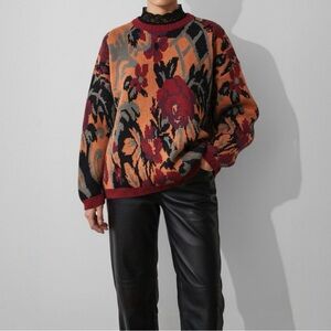 Vintage 90s Earthy Fall AOP Sweater Intarsia Made In USA Cottage Artsy Boho Cozy